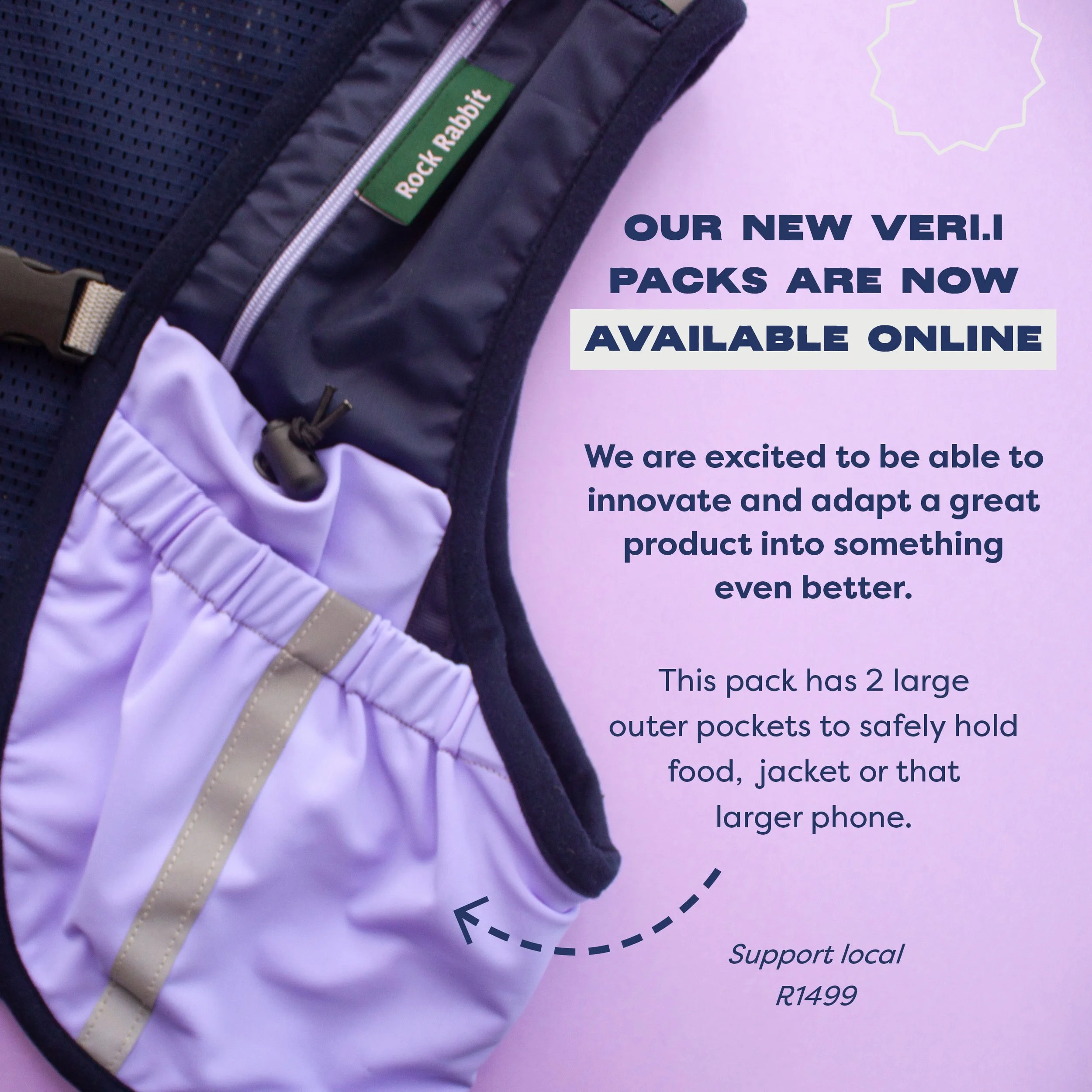 A purple trail running backpack with a green label reading 'Rock Rabbit' on a purple background. The backpack has a zippered pocket and beige straps. This is a social media post design.