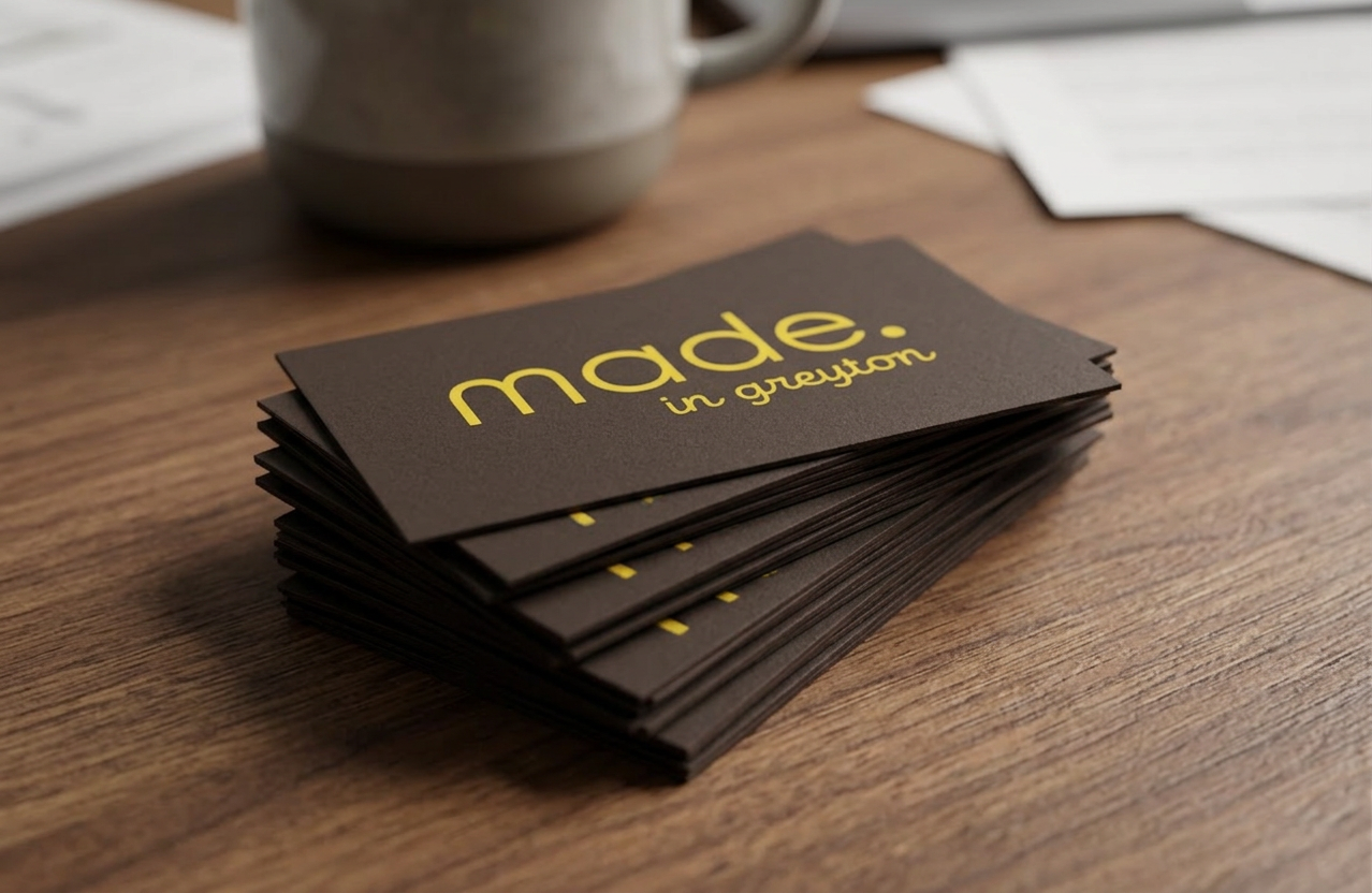 Stack of black business cards with yellow text that reads 'made. in Greyton' on a wooden table, with a grey mug and some papers in the background.