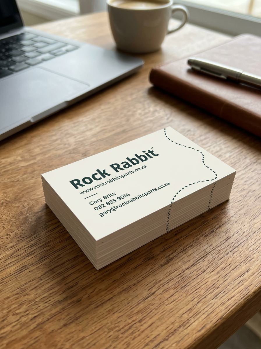 Stack of business cards for Rock Rabbit on a wooden table, with a laptop, coffee mug, notebook, and pen nearby.