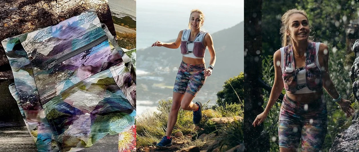 A collage of three images: the first is a folded colourful running leggings with a pocket, the second shows a woman running outdoors on a trail with a scenic mountain backdrop, and the third depicts the same woman playing in the rain in a forested ar