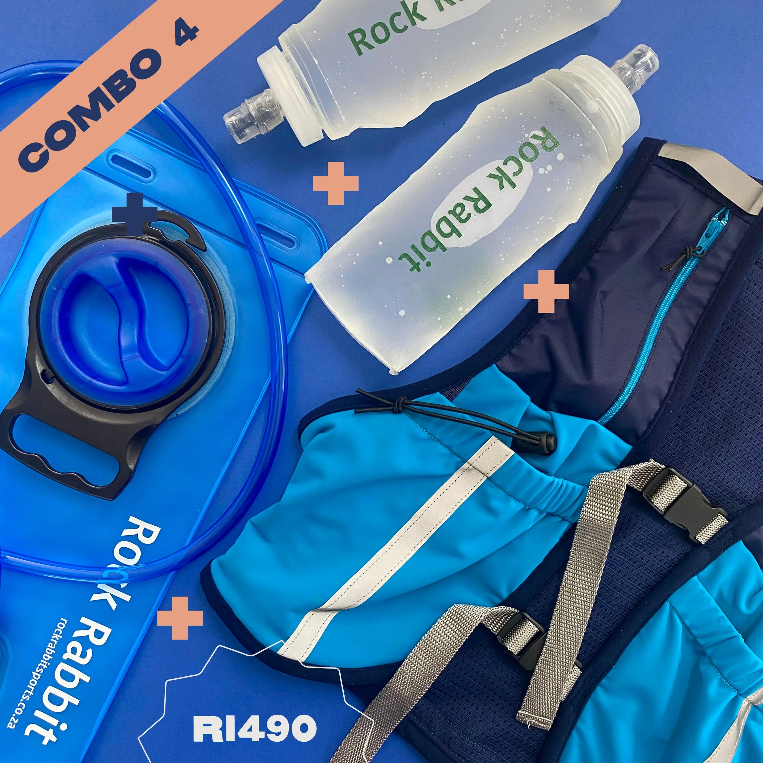 Close-up of trail running accessories including a blue hydration pack, a transparent water bottle with green text 'Rock Rock Rabbit and a blue trail running vest pack. This is a social media post design