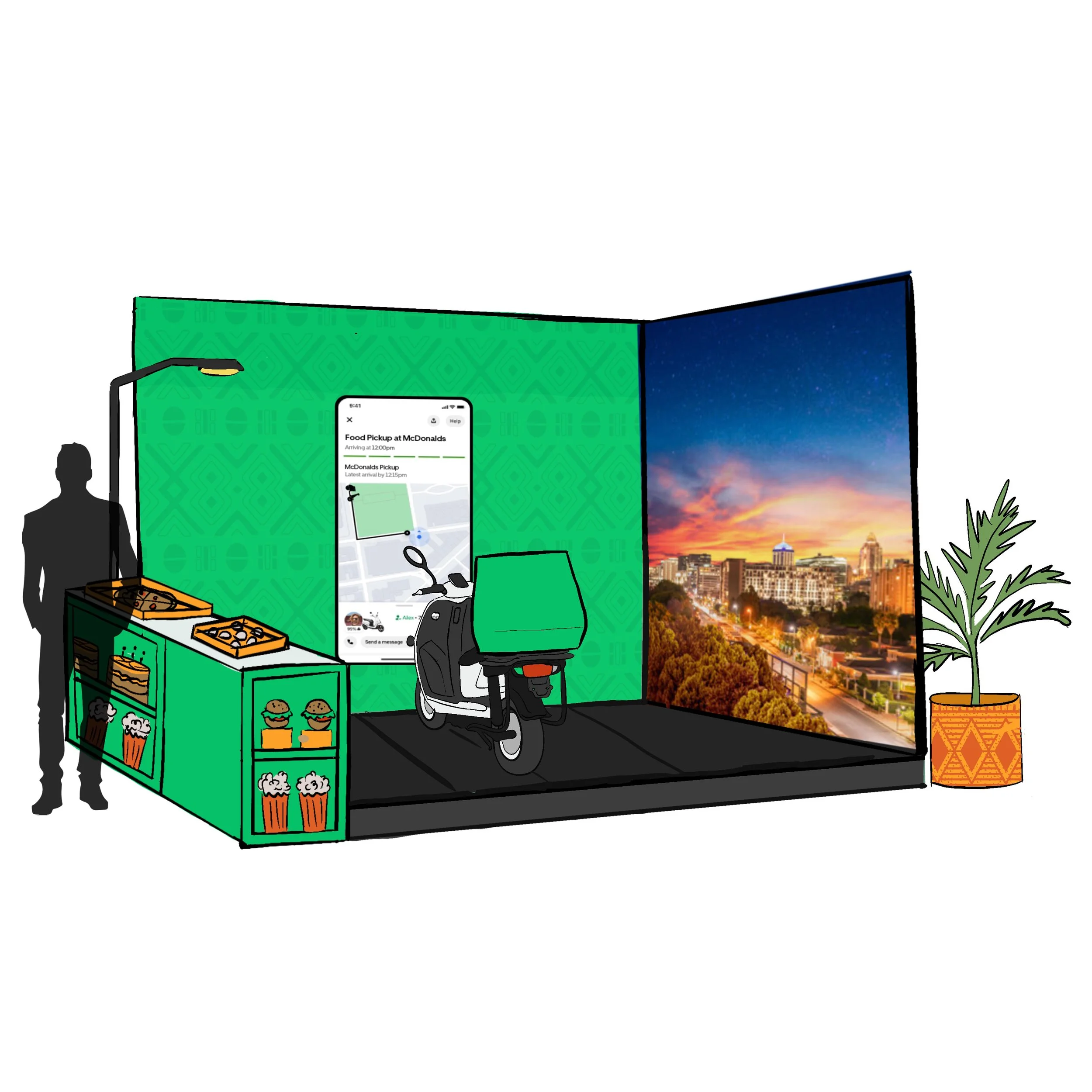 Illustration of a food stand or delivery hub with a digital map on a smartphone screen, a person, a motorcycle, and cityscape background.