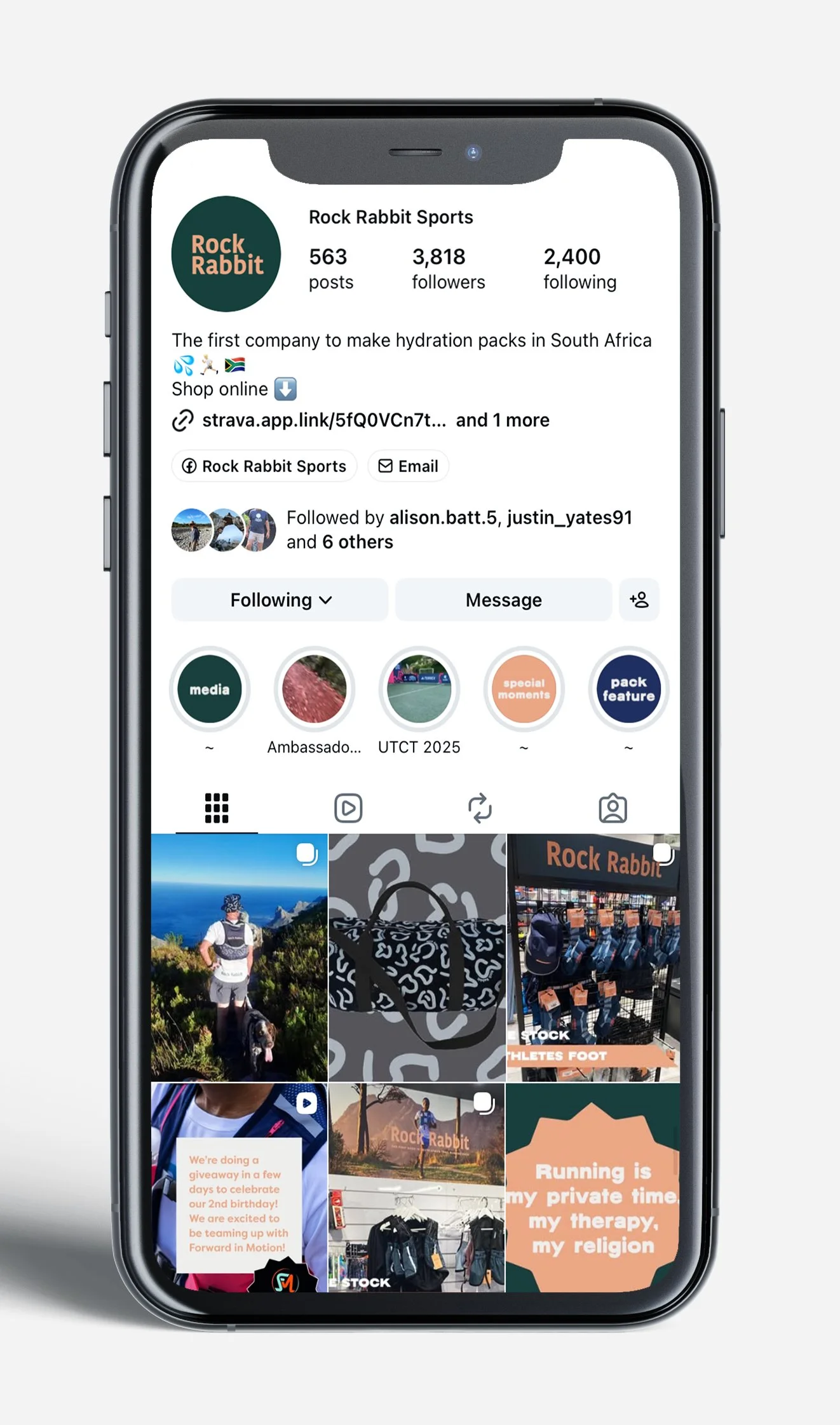 iPhone displaying a social media profile for Rock Rabbit Sports, a South African hydration pack company, with posts, stories, and followers count. I designed some of the social posts throughout the Instagram page.