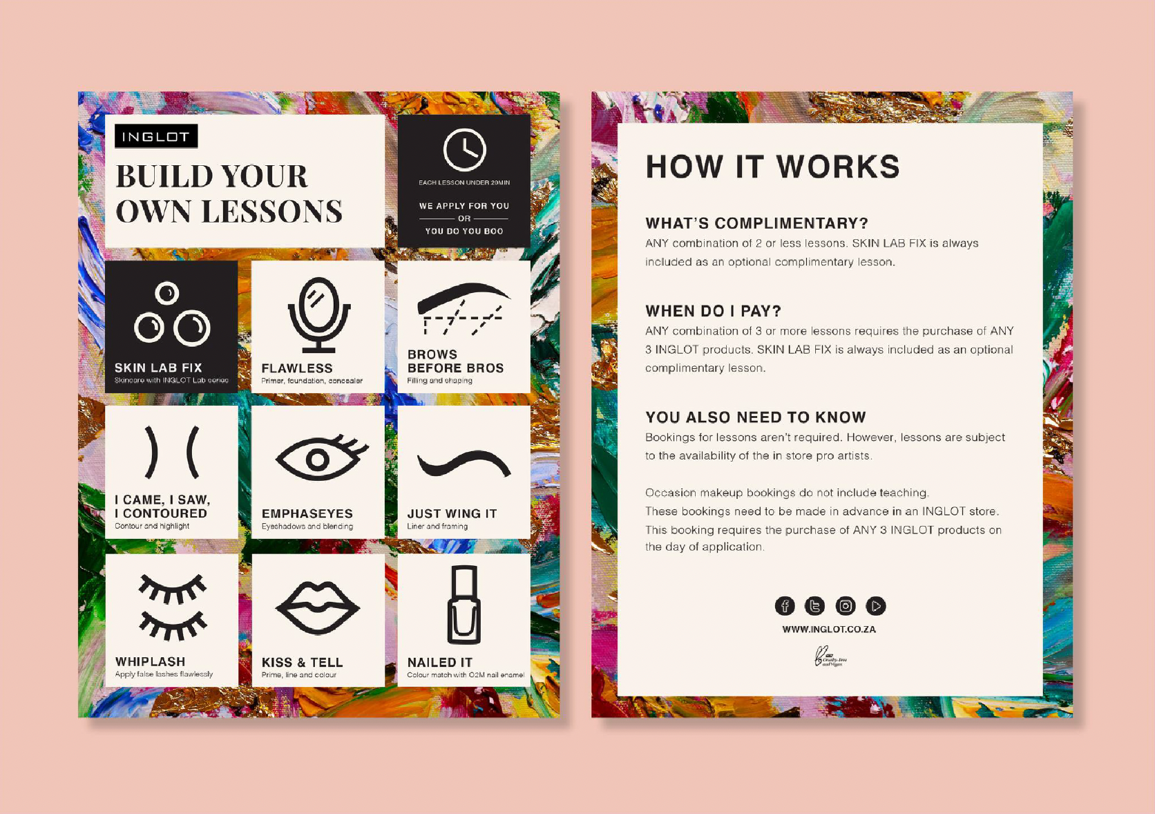 A colorful, artistic makeup skill guide with facial feature icons and instructions for makeup techniques on the left, and information about makeup lesson booking, pricing, and policy on the right. This was for a campaign for the makeup brand, Inglot.