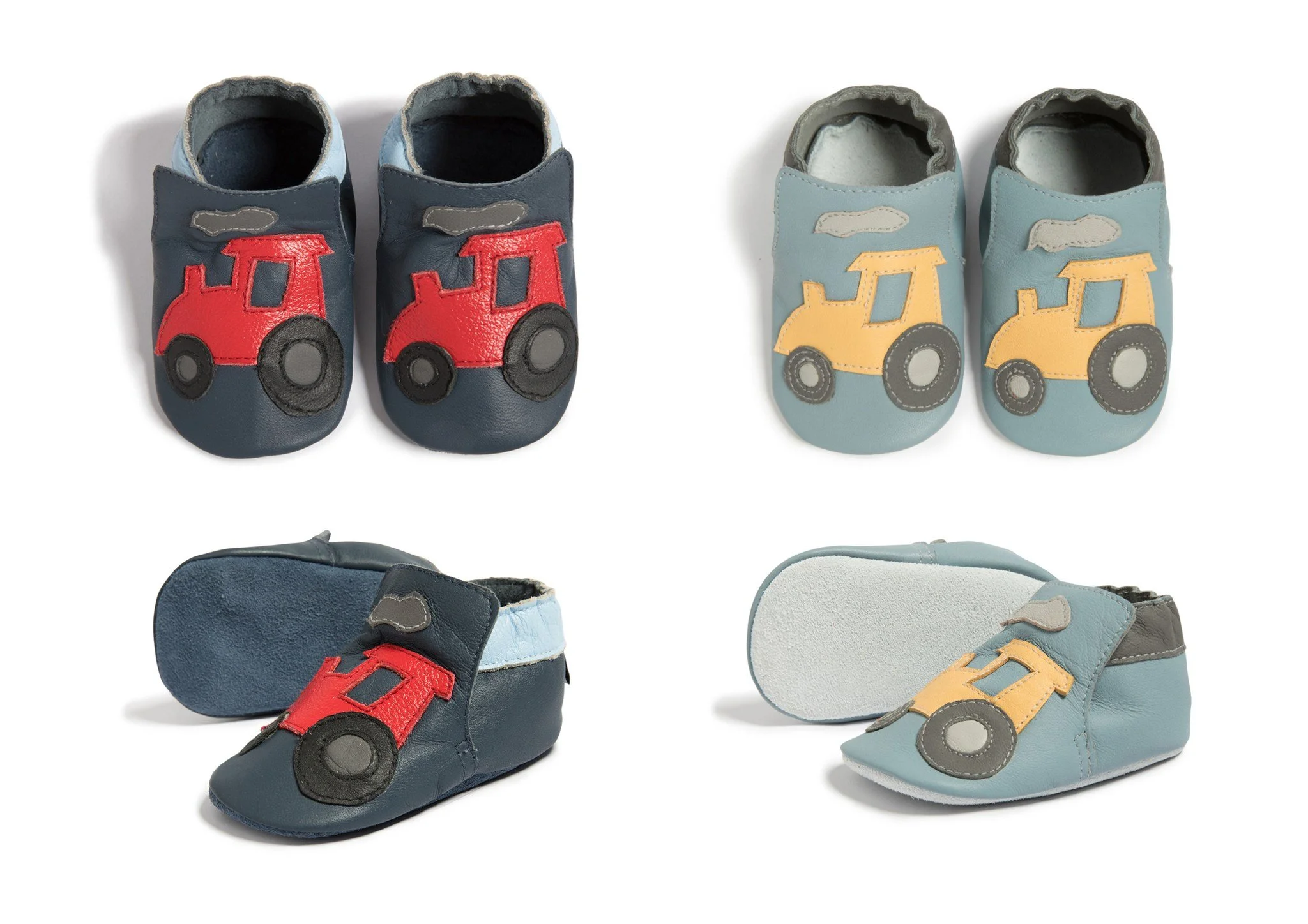 Pair of children's shoes with a vehicle design, one pair is dark blue with red vehicle, and the other pair is light blue with yellow vehicle, both sets have decorative patches for windows and wheels. I designed the motifs.