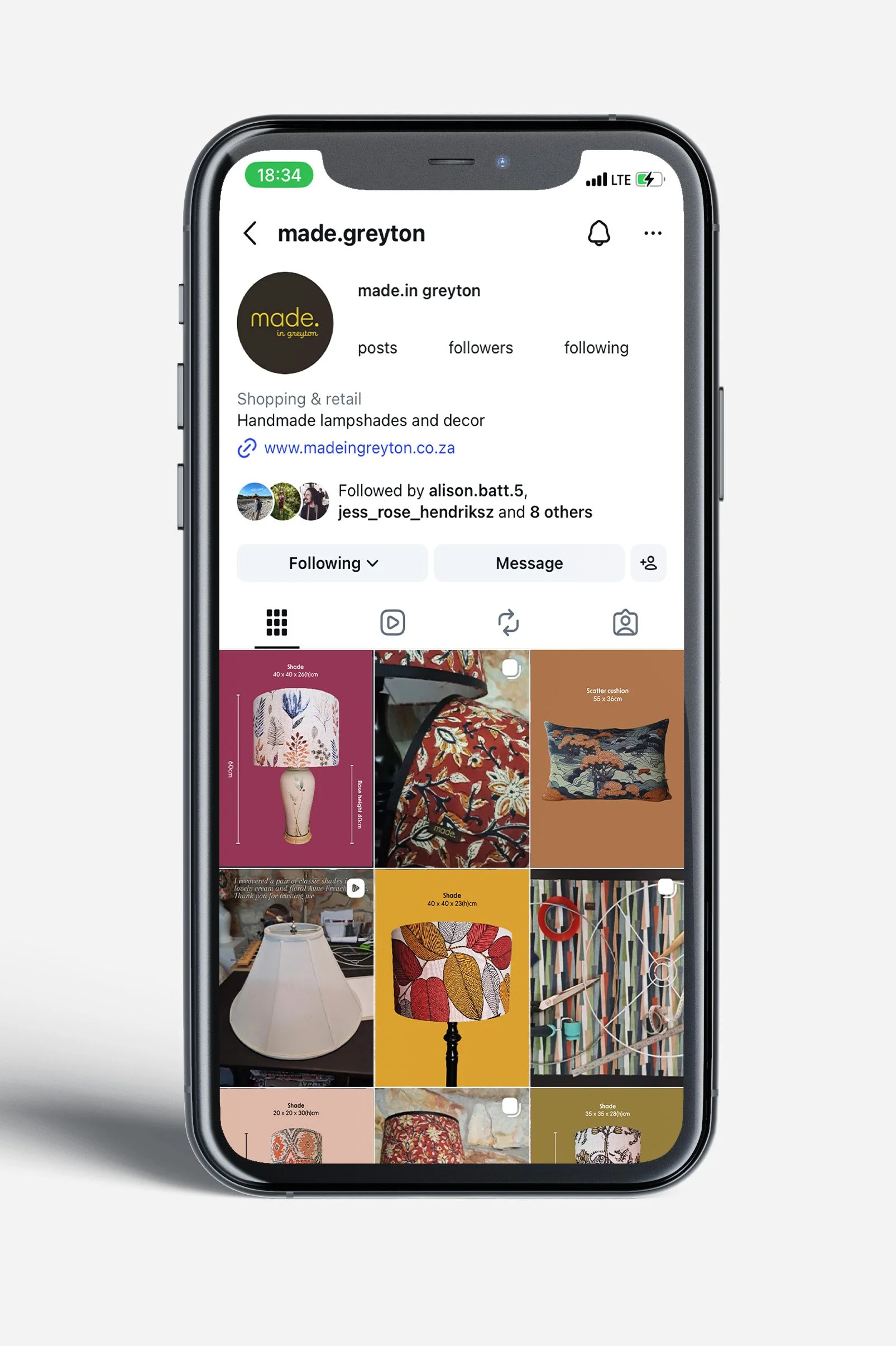 Smartphone displaying an Instagram profile page for 'made. in greyton,' featuring various home decor products including lampshades, with a grid of product images.
