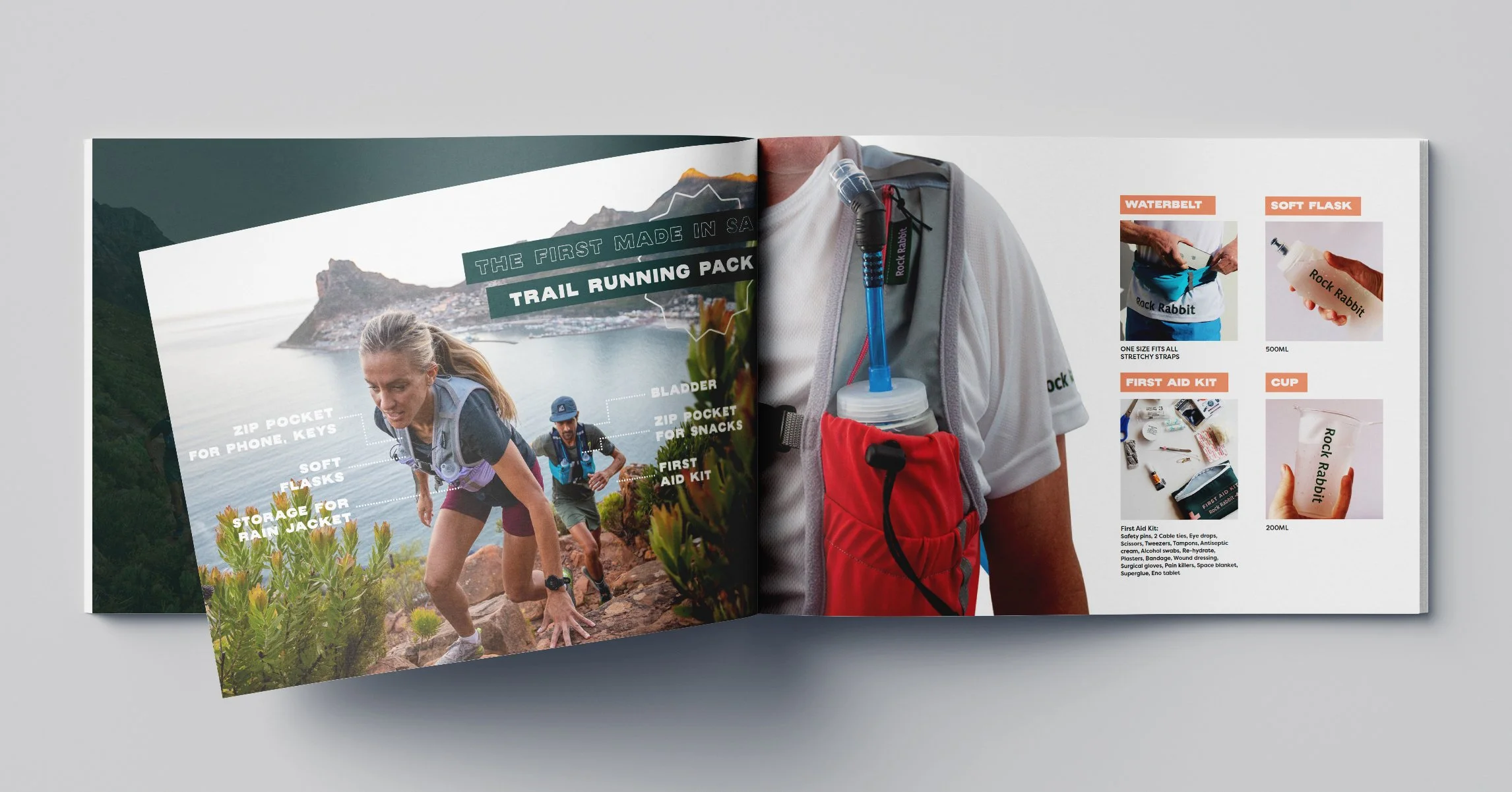 Open catalogue design featuring hiking gear and trail running packs, with images of trail runners, and various outdoor accessories like water bottles, first aid kit, and cups.