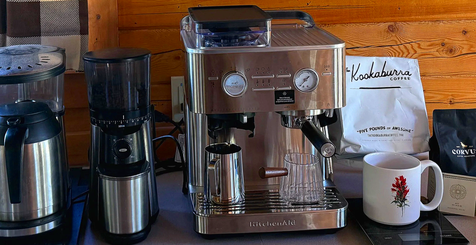 The prefect coffee set up. Coffee brewer, Espresso Machine, Chemex, and Coffee Press: plus Kookaburra Coffee and goodies.