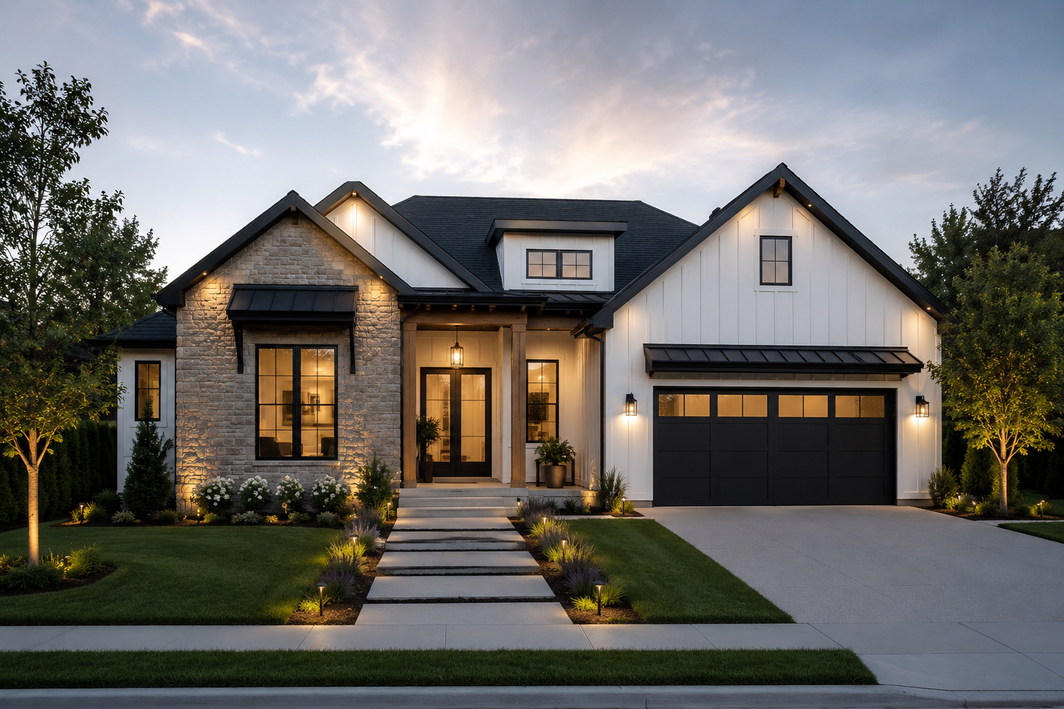 Front view of a modern house with a stone and white exterior, black garage door, and landscaped yard with trees and pathway lights.