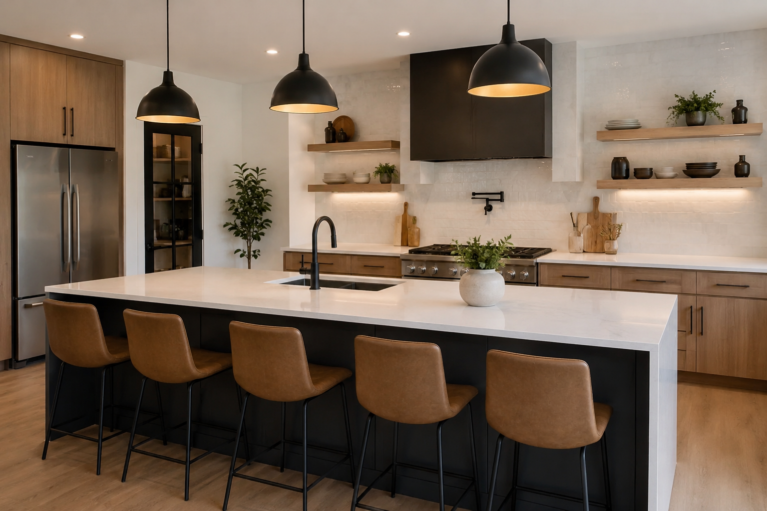 Modern kitchen with wooden cabinets, a large white island counter with brown chairs, black pendant lights, and open wooden shelves with dishes and decorative items.