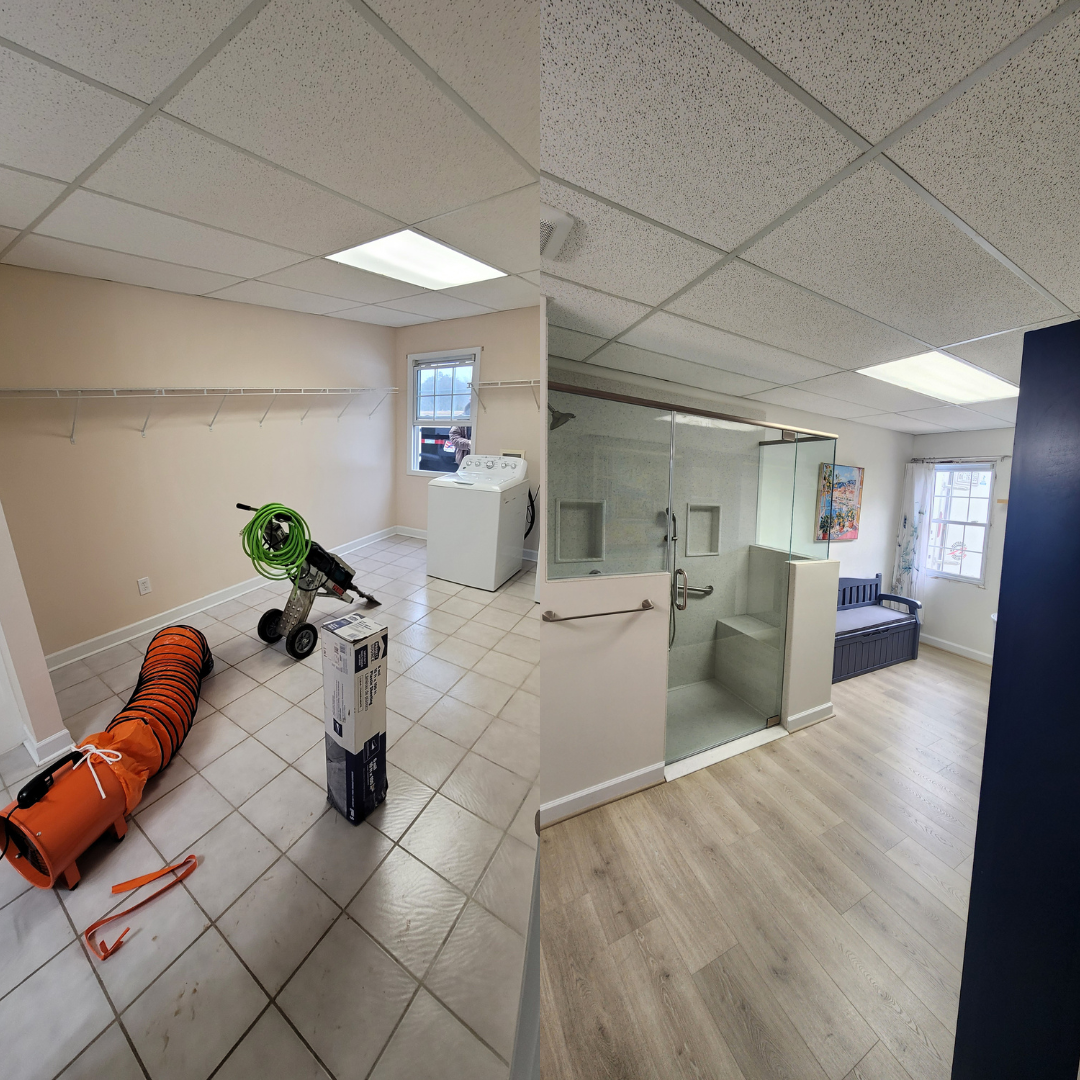 Split photo showing before and after of a room renovation, with the left side depicting an unfinished laundry room with tile floor, a washer, and cleaning tools, and the right side showing a rebuilt space with hardwood flooring, a glass shower enclosure, and a sitting area with a window and artwork.