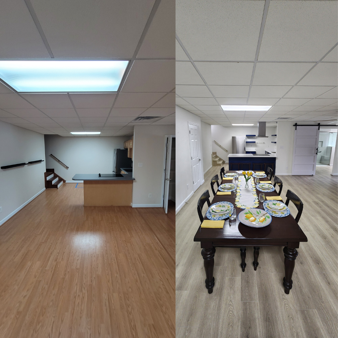 Comparison of two interior spaces, with the left showing an empty room with beige walls, a ceiling light, and wood flooring, and the right showing a dining area with a table set with dishes, glasses, and a yellow and white table runner, with a kitchen in the background.