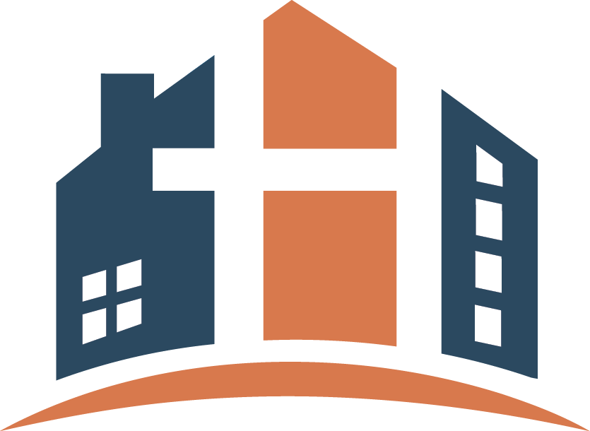 Stylized logo featuring three abstract buildings with a curved base, using shades of blue and orange.