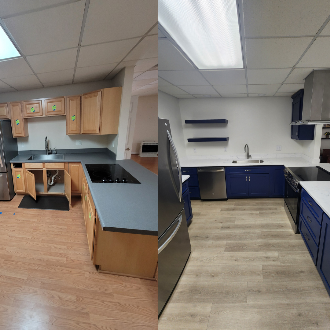 Comparison of a kitchen before and after renovation showing updated cabinetry and countertops.