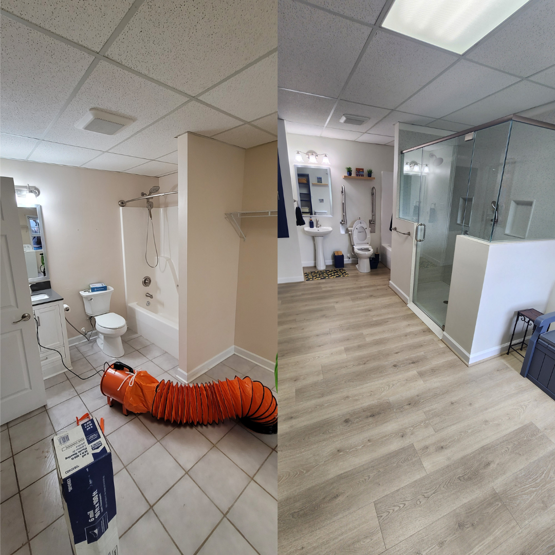 Comparison of two bathroom renovations, with the left showing an old, unrenovated bathroom with beige tiles, a bathtub with a shower, and renovation equipment; the right showing a modern, renovated bathroom with wood-like flooring, a glass shower enclosure, and updated fixtures.