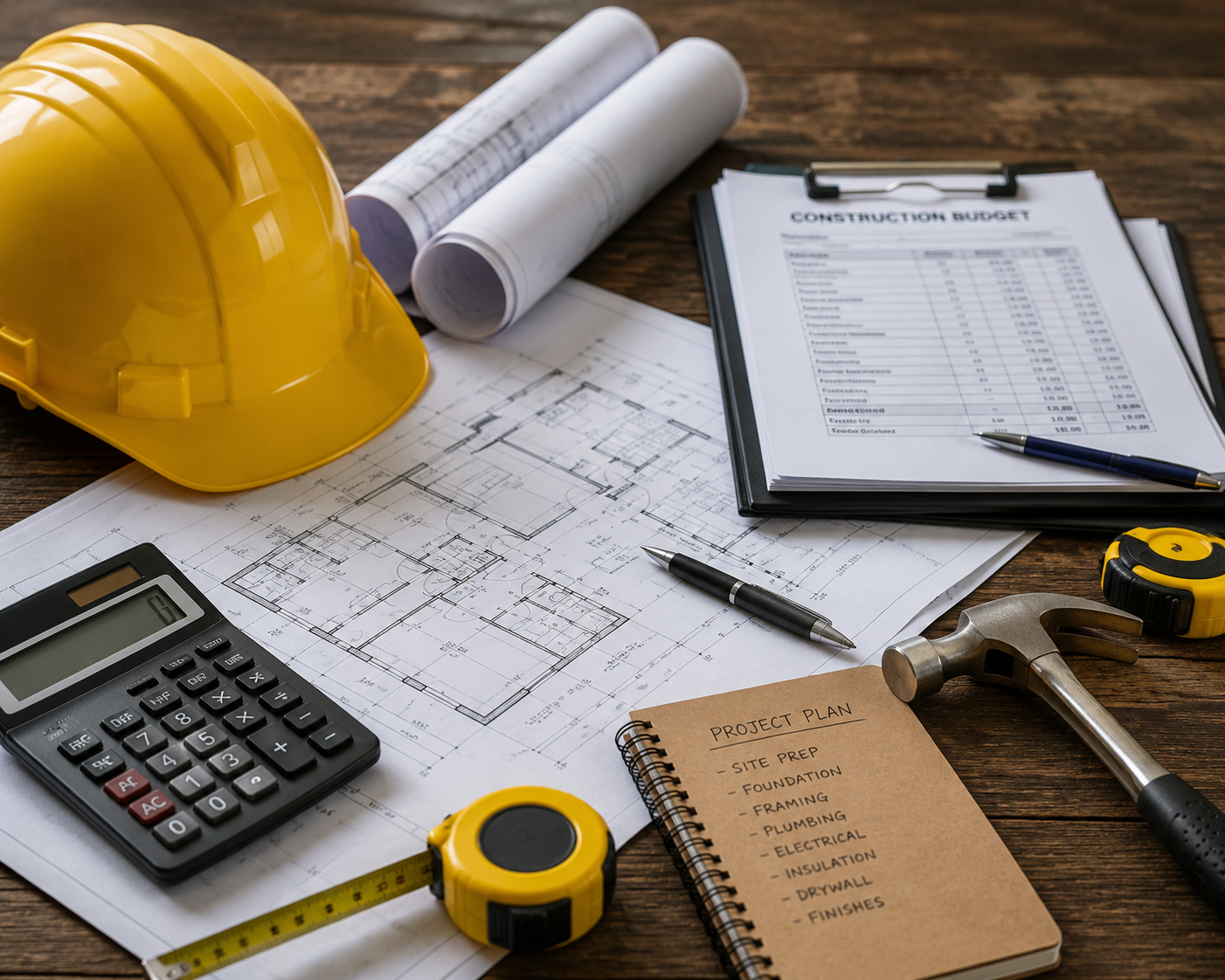 Construction tools and plans on a wooden table, including a yellow safety helmet, rolled-up blueprints, a construction budget sheet, a calculator, a tape measure, a hammer, and a project plan notebook.
