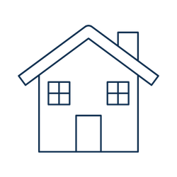 Outline of a house with a pitched roof, two windows, a door, and a chimney.