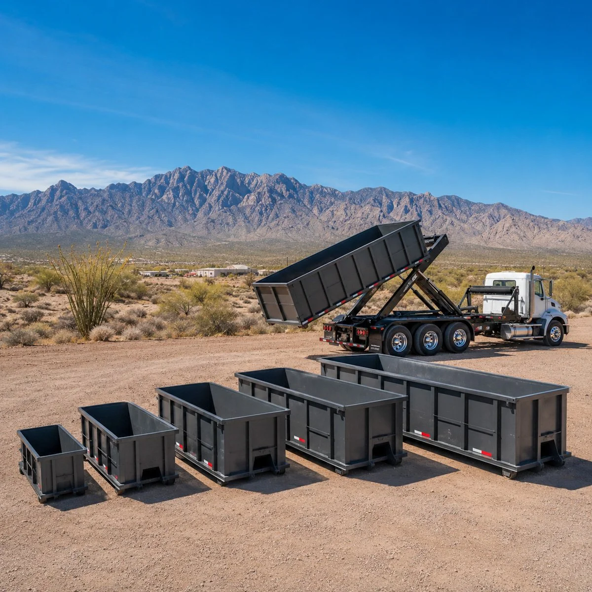 A white dump truck with its bed raised in a desert landscape with mountains in the background, and five empty black trash bins lined up in the foreground.