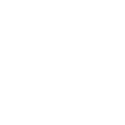 Line drawing of a government or civic building with a domed roof and a flag on top.
