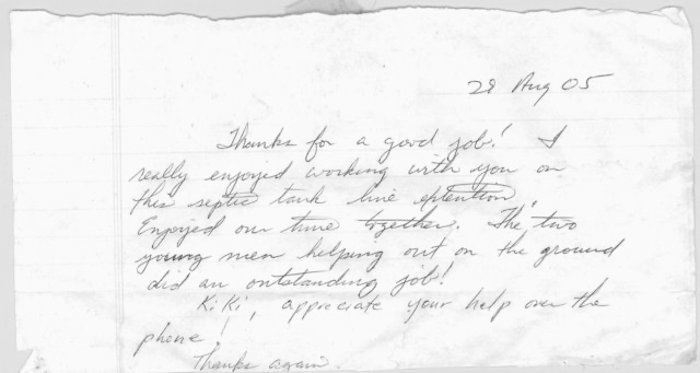 Handwritten note on crumpled paper, dated 28 May 05, expressing gratitude for a job well done and teamwork.