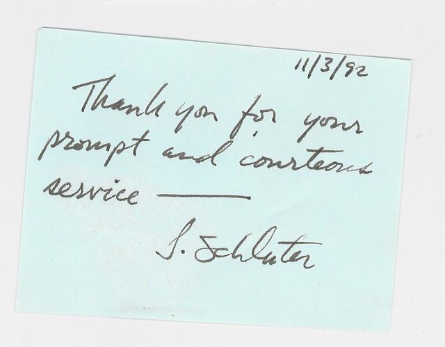 A handwritten note on a light blue paper with the date '11/3/92' in the top right corner. The note reads: 'Thank you for your prompt and courteous service' and is signed 'J. Schluter'.