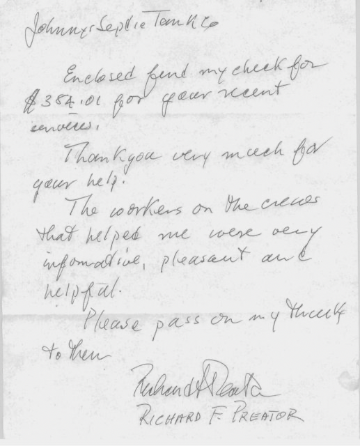 A handwritten letter expressing gratitude and mentioning a check for $384.01, signed by Richard F. Kreator.