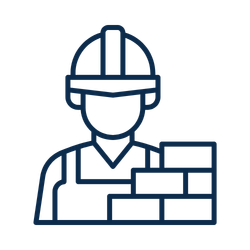 Line drawing of a construction worker wearing a hard hat and safety vest, with a brick wall behind them.