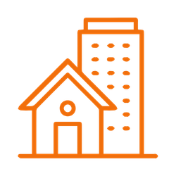 Outline drawing of a house in front of a tall apartment building, both in orange lines.