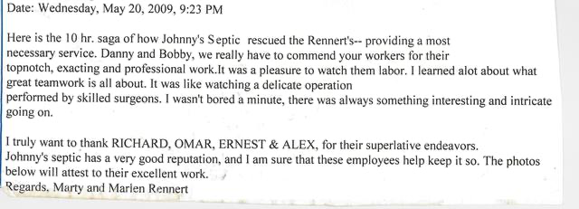 Screenshot of a typed letter dated Wednesday, May 20, 2009, at 9:23 PM, praising Johnny's septic rescue and expressing gratitude to workers Richard, Omar, Ernest, and Alex for their efforts.