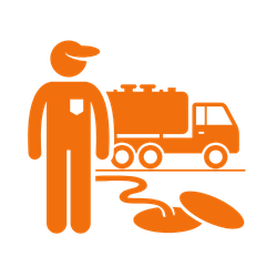 Illustration of a person in orange work attire standing next to a spill cleanup truck and equipment.