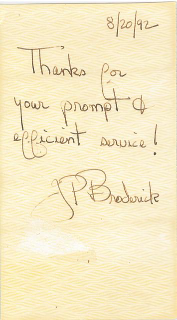Handwritten thank you note dated 8/20/92, expressing gratitude for prompt and efficient service, signed by P. Broderick.