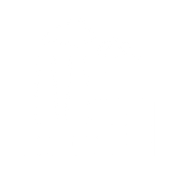 Line drawing of factory buildings with smokestacks emitting smoke, and a rainbow in the sky, on a black background.