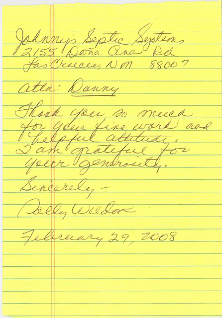 Handwritten thank you note on yellow lined paper from Johnny's septic companies, dated February 29, 2008, signed by Betty Welder.