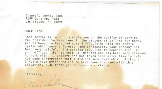 Letter from Johnny's Septic Tank addressed to a company, congratulating on service quality, mentioning a septic system issue, and thanking for assistance.