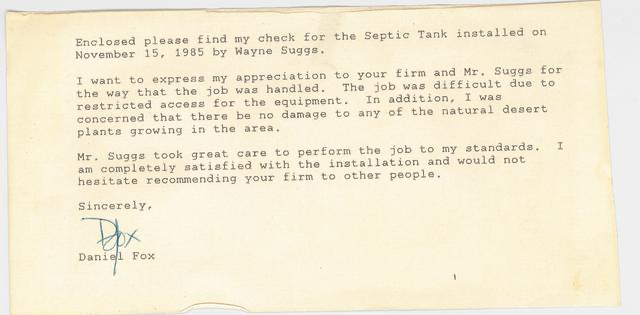 Typed letter from Daniel Fox praising Wayne Suggs for installing a septic tank on November 15, 1985, expressing appreciation for his work and the careful manner of installation.