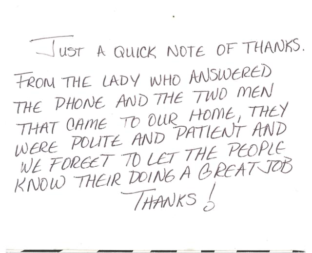 Handwritten note thanking two men and a woman for their polite and patient behavior, with a message of gratitude.