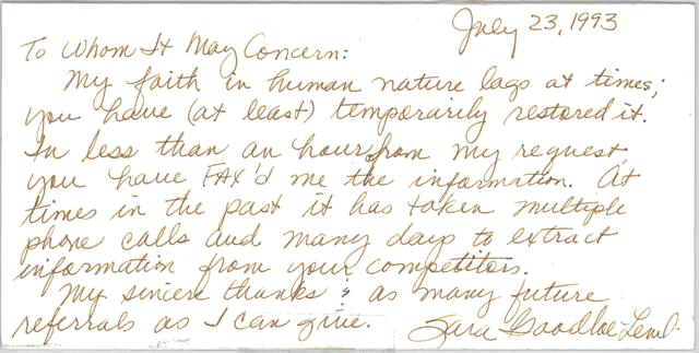 Handwritten letter dated July 23, 1993, discussing faith in human nature and gratitude for information received.