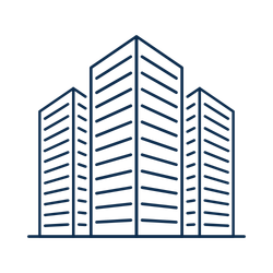 Outline drawing of a modern high-rise building complex with three tall buildings