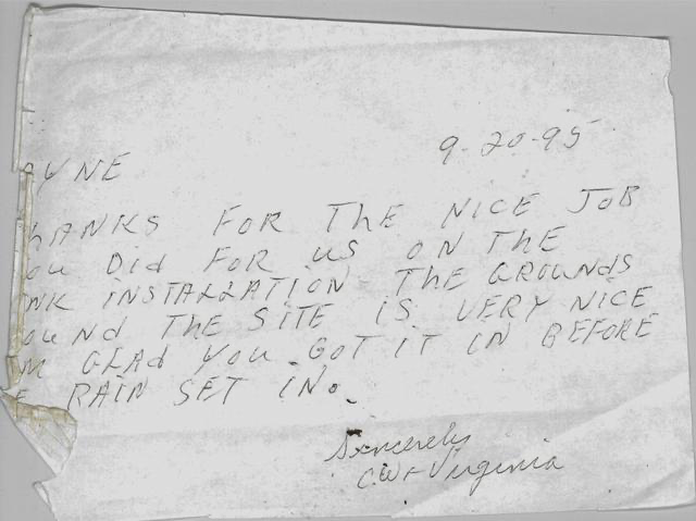 Handwritten note dated 9-20-95 thanking someone for their work on a grounds installation, mentioning the site and progress before rain set in, signed by someone from Virginia.