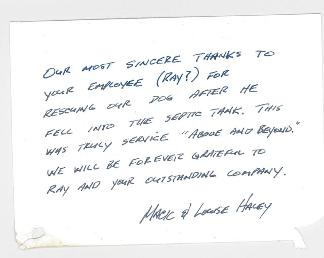 Handwritten note of gratitude for an employee named Ray, expressing appreciation for rescuing a dog from a septic tank, signed by Maric & Louise Halsey.