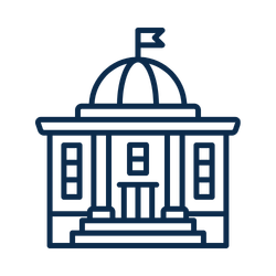 Outline illustration of a government or institutional building with a domed roof, a flag on top, and a central entrance with columns.