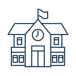 Line drawing of a school building with a clock and a flag on top.