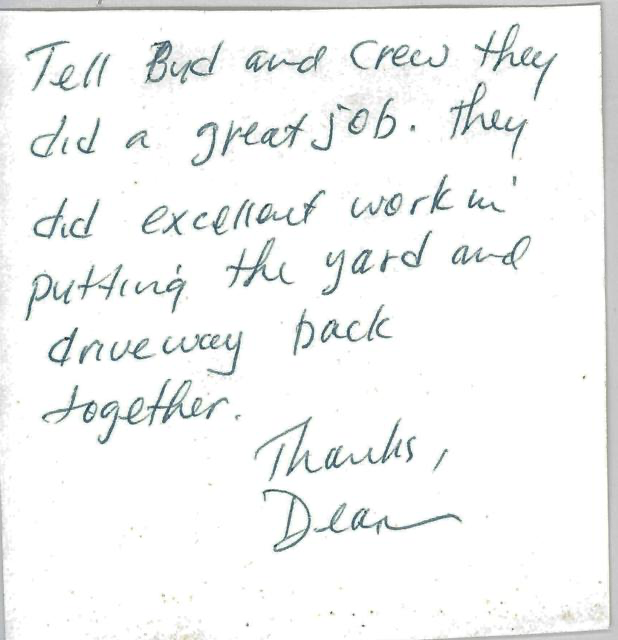 Handwritten note praising Bird and crew for their work on yard and driveway, signed by Dean.