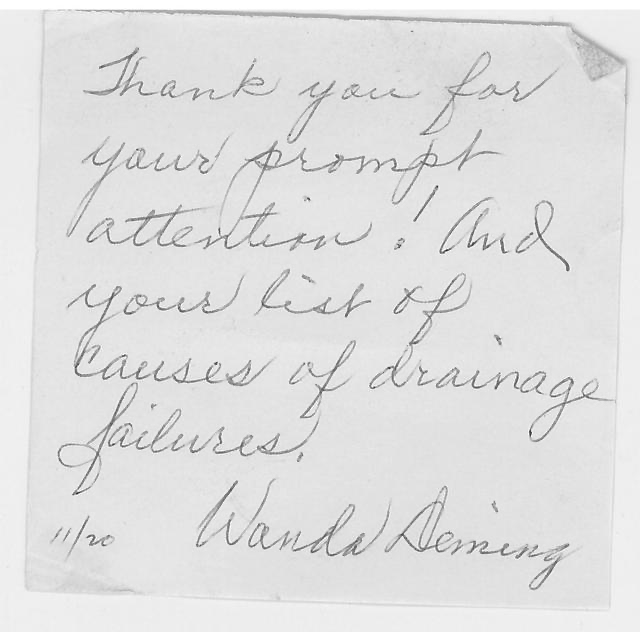 Handwritten thank you note on paper expressing gratitude for prompt attention and a list of causes of drainage failures, signed by Wanda Aiming.