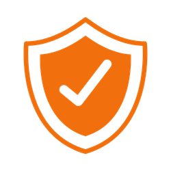 Orange shield with a checkmark in the center.