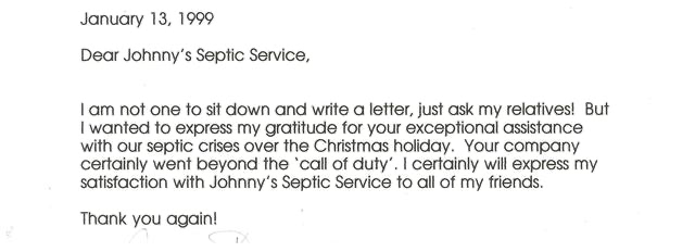 A handwritten letter dated January 13, 1999, addressed to Johnny's Septic Service. The letter expresses gratitude for septic service during the Christmas holiday and praises their exceptional service.