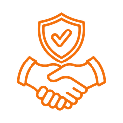 Outline of a handshake with a shield and checkmark above, symbolizing protection or security.
