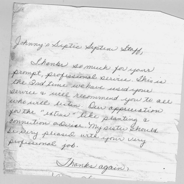 Handwritten letter thanking Johnny's Appliance Service Staff for prompt, professional service, with a recommendation for future work.
