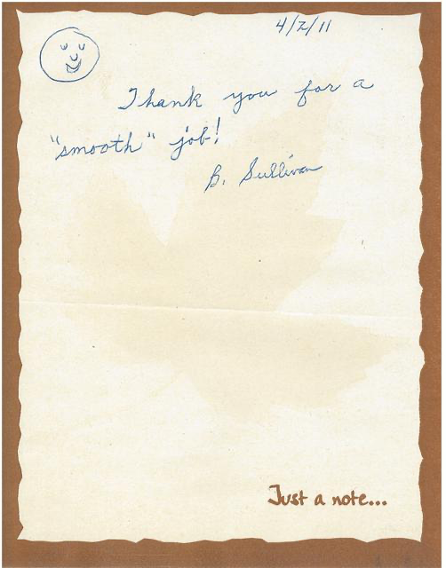 Handwritten note thanking someone for a smooth job, dated April 7, 2011, with a smiley face drawing in the top left corner and the words 'Just a note...' written at the bottom.
