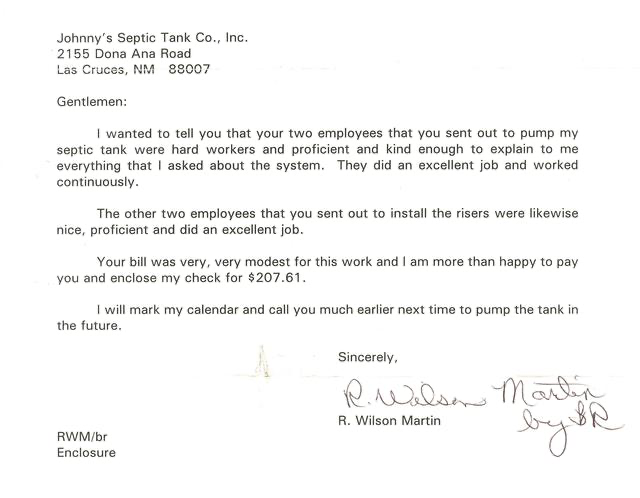 Letter from R. Wilson Martin to Johnny's Septic Tank Co., Inc., praising their employees and enclosed check for $207.61.